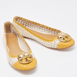 Pre Owned Tory Burch White/Yellow Woven Leather Reva Ballet Flats Size 39
