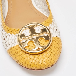 Pre Owned Tory Burch White/Yellow Woven Leather Reva Ballet Flats Size 39
