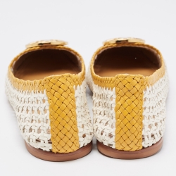 Pre Owned Tory Burch White/Yellow Woven Leather Reva Ballet Flats Size 39
