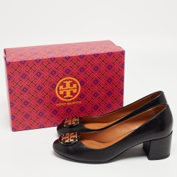 Pre Owned Tory Burch Black Leather Janey Block Heel Pumps Size 38.5