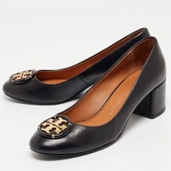 Pre Owned Tory Burch Black Leather Janey Block Heel Pumps Size 38.5