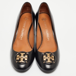 Pre Owned Tory Burch Black Leather Janey Block Heel Pumps Size 38.5