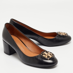Pre Owned Tory Burch Black Leather Janey Block Heel Pumps Size 38.5