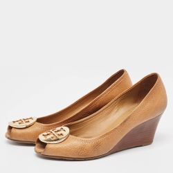 Tory Burch Brown Leather Sally Wedge Pumps Size 37.5