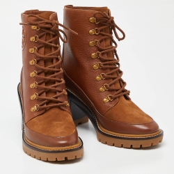 Pre Owned Tory Burch Brown Leather and Suede Block Heel Ankle Boots Size 38