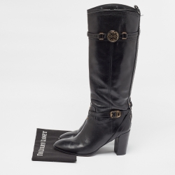Pre Owned Tory Burch Black Leather Knee Length Boots Size 40.5