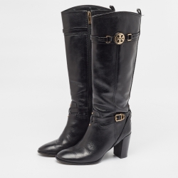 Pre Owned Tory Burch Black Leather Knee Length Boots Size 40.5