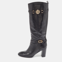 Pre Owned Tory Burch Black Leather Knee Length Boots Size 40.5