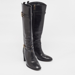 Pre Owned Tory Burch Black Leather Knee Length Boots Size 40.5