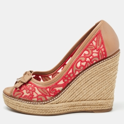 Brown/pink Leather And Embroidered Fabric Jackie Espadrille Wedge Pumps