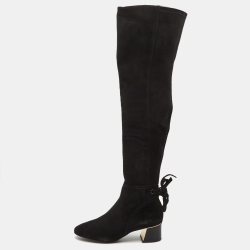 Black Suede Over The Knee Length Block Heel Boots