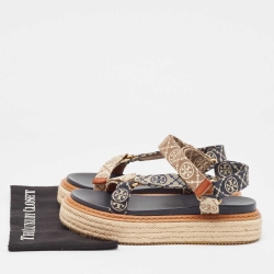 Pre Owned Tory Burch Blue/Beige Monogram Canvas Espadrille Ankle Strap Flat Sandals Size 39
