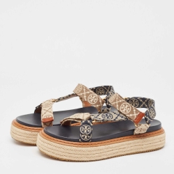Pre Owned Tory Burch Blue/Beige Monogram Canvas Espadrille Ankle Strap Flat Sandals Size 39