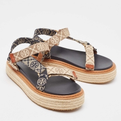 Pre Owned Tory Burch Blue/Beige Monogram Canvas Espadrille Ankle Strap Flat Sandals Size 39