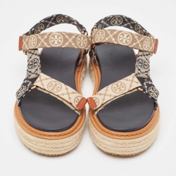 Pre Owned Tory Burch Blue/Beige Monogram Canvas Espadrille Ankle Strap Flat Sandals Size 39