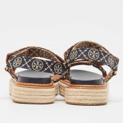 Pre Owned Tory Burch Blue/Beige Monogram Canvas Espadrille Ankle Strap Flat Sandals Size 39