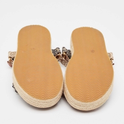 Pre Owned Tory Burch Blue/Beige Monogram Canvas Espadrille Ankle Strap Flat Sandals Size 39