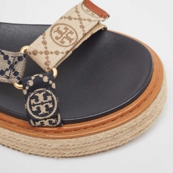 Pre Owned Tory Burch Blue/Beige Monogram Canvas Espadrille Ankle Strap Flat Sandals Size 39