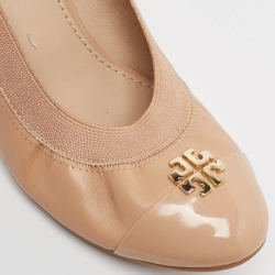 Pre Owned Tory Burch Beige Patent and Leather Wedge Pumps Size 38.5