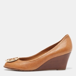 Pre Owned Tory Burch Brown Leather Reva Wedge Peep Toe Pumps Size 38.5