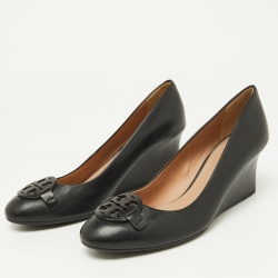 Pre Owned Tory Burch Black Leather Julianne  Wedge Pumps Size 38.5