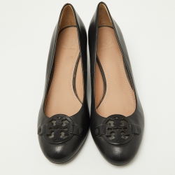 Pre Owned Tory Burch Black Leather Julianne  Wedge Pumps Size 38.5