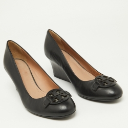 Pre Owned Tory Burch Black Leather Julianne  Wedge Pumps Size 38.5
