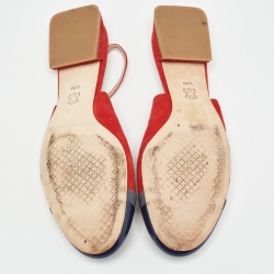 Pre Owned Tory Burch Red/Blue Suede and Patent Leather Slingback Flat Sandals Size 40