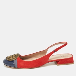 Pre Owned Tory Burch Red/Blue Suede and Patent Leather Slingback Flat Sandals Size 40