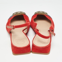 Pre Owned Tory Burch Red/Blue Suede and Patent Leather Slingback Flat Sandals Size 40
