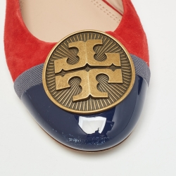 Pre Owned Tory Burch Red/Blue Suede and Patent Leather Slingback Flat Sandals Size 40