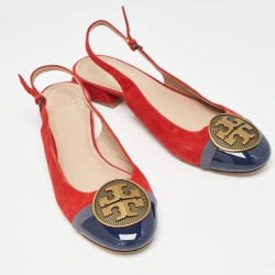 Pre Owned Tory Burch Red/Blue Suede and Patent Leather Slingback Flat Sandals Size 40