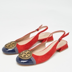 Pre Owned Tory Burch Red/Blue Suede and Patent Leather Slingback Flat Sandals Size 40
