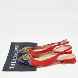 Pre Owned Tory Burch Red/Blue Suede and Patent Leather Slingback Flat Sandals Size 40