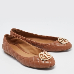 Pre Owned Tory Burch Brown Quilted Leather Benton 2 Ballet Flats Size 39