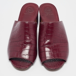 Pre Owned Tory Burch Burgundy Croc Embossed Leather Salinas Slide Sandals Size 38