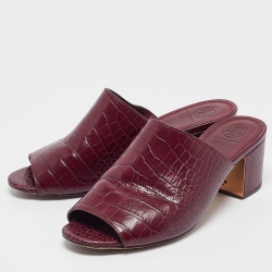Pre Owned Tory Burch Burgundy Croc Embossed Leather Salinas Slide Sandals Size 38