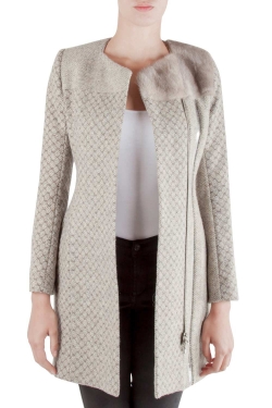 Pre Owned Peter Pilotto Beige Jacquard Wool Sliver Leather and Mink Fur Trim Double Breasted Coat S