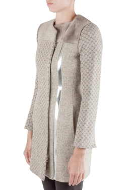 Pre Owned Peter Pilotto Beige Jacquard Wool Sliver Leather and Mink Fur Trim Double Breasted Coat S