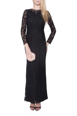 Pre Owned Needle & Thread Black Floral Lace Embellished Neck Gown S