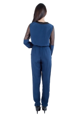 Jonathan Simkhai Navy Blue Silk Long Sleeve Mesh Panel Jumpsuit S 