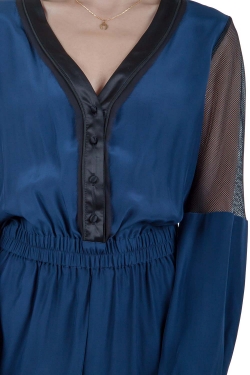 Jonathan Simkhai Navy Blue Silk Long Sleeve Mesh Panel Jumpsuit S 