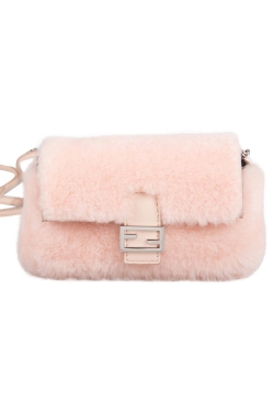 Fendi Light Apricot Sherling Micro Baguette Crossbody Bag