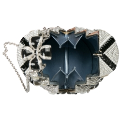 Pre Owned Judith Leiber Black/White Swarovski Crystal Bow Cake Minaudiere Clutch