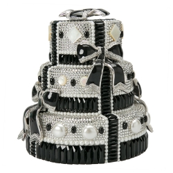 Pre Owned Judith Leiber Black/White Swarovski Crystal Bow Cake Minaudiere Clutch