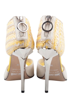 Just Cavalli Cream Leather And Yellow Raffia Open Toe Booties Size 38