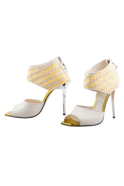 Just Cavalli Cream Leather And Yellow Raffia Open Toe Booties Size 38