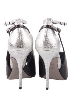 Alexander Wang Metallic Silver And Black Textured Leather Carolyn Ankle Strap Sandals Size 37