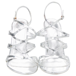 Pre Owned Saint Laurent Paris Silver Patent Leather Strappy Block Heel Sandals Size 38.5