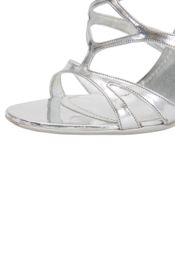 Pre Owned Saint Laurent Paris Silver Patent Leather Strappy Block Heel Sandals Size 38.5